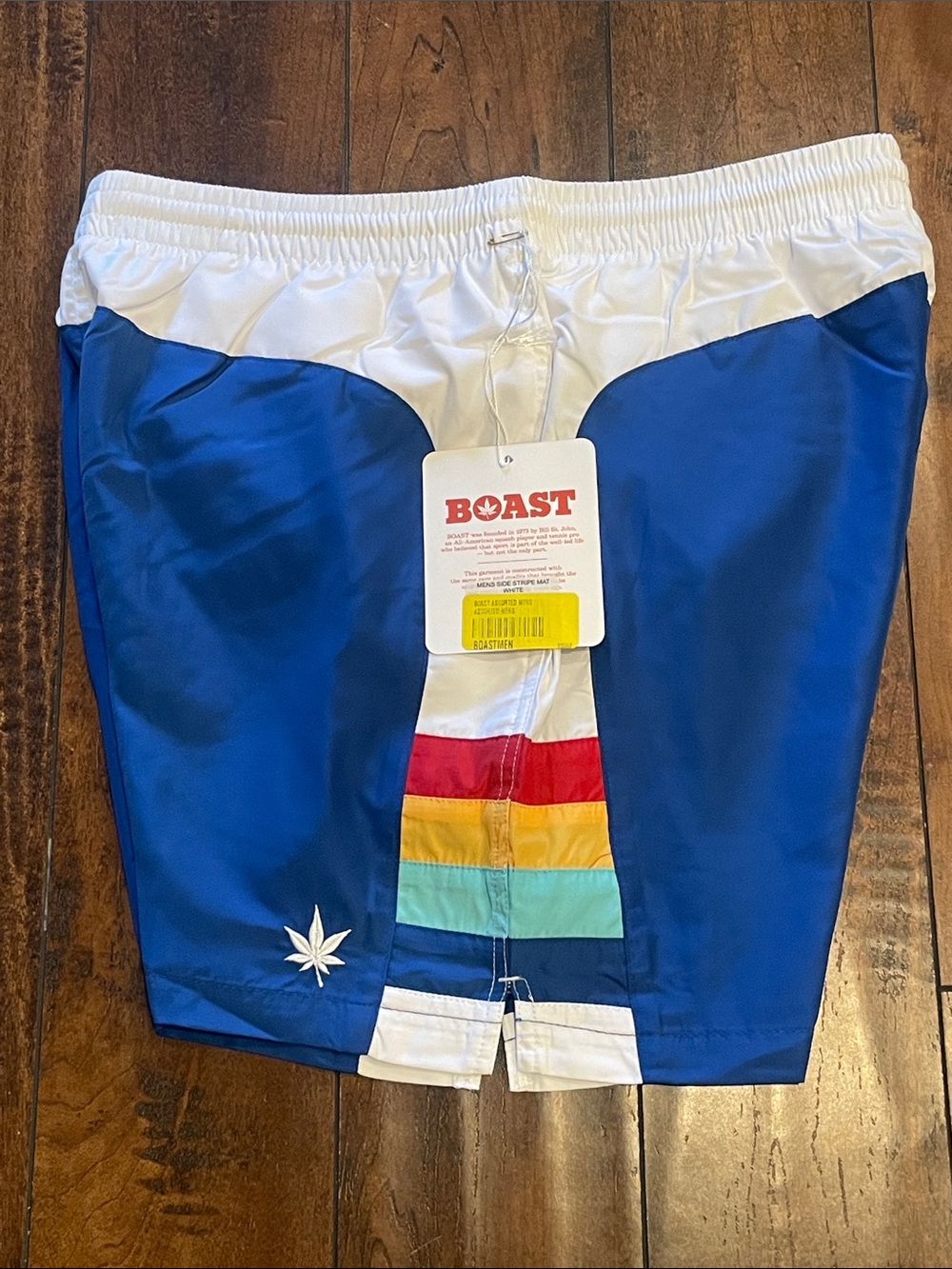 BOAST Men's Blue Athletic Swim Shorts with Rainbow Stripe Accent
